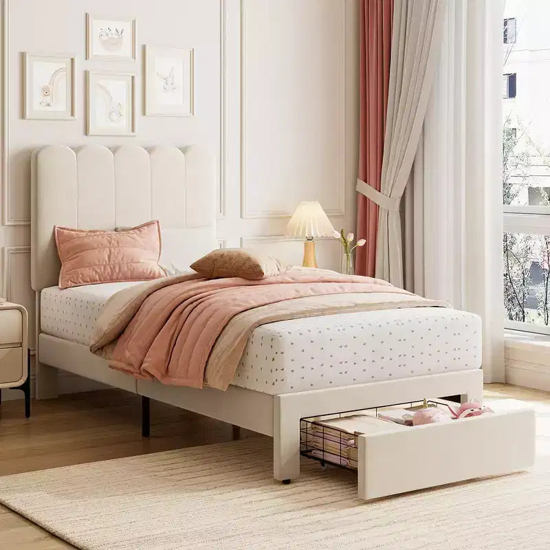 Twin Bed Frame with Under-Bed Drawer | Boucle Upholstered Platform Bed with Wave Headboard | Wooden Slats Support, No Box Spring Needed