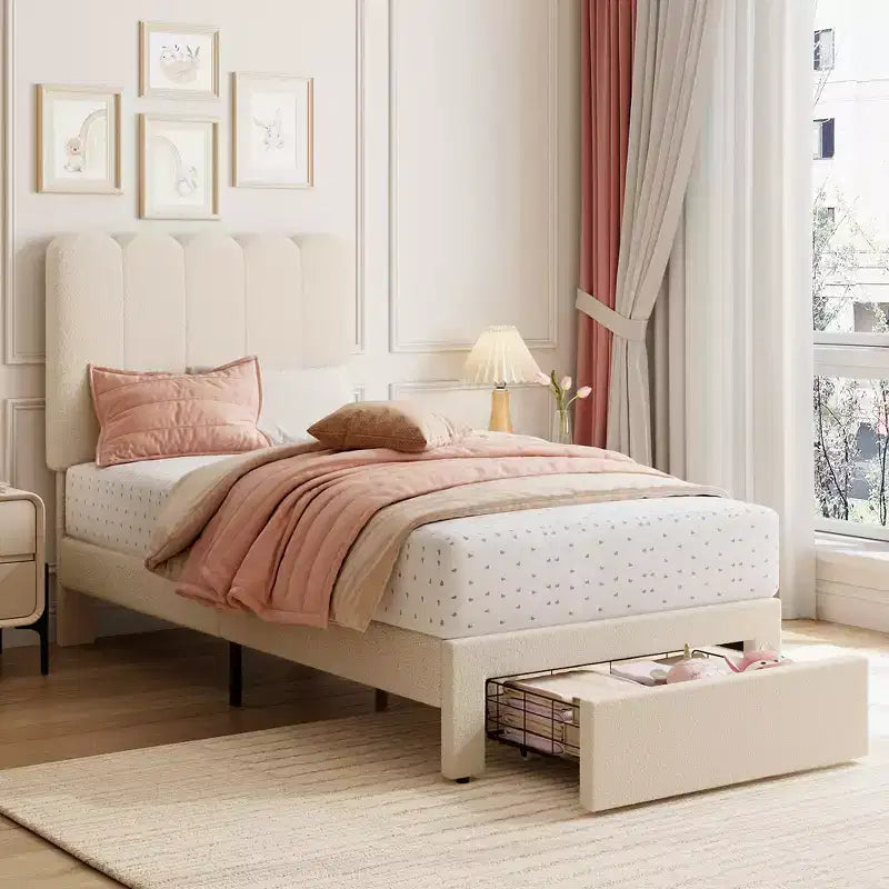 Twin Bed Frame with Under-Bed Drawer | Boucle Upholstered Platform Bed with Wave Headboard | Wooden Slats Support, No Box Spring Needed