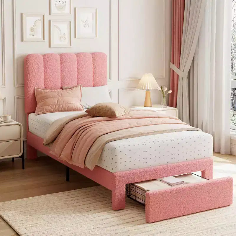 Twin Bed Frame with Under-Bed Drawer | Boucle Upholstered Platform Bed with Wave Headboard | Wooden Slats Support, No Box Spring Needed