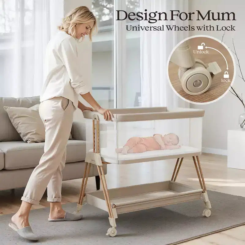 Fodoss Baby Bassinet Bedside Sleeper with Wheels & Storage Tray, Portable Crib for Newborns