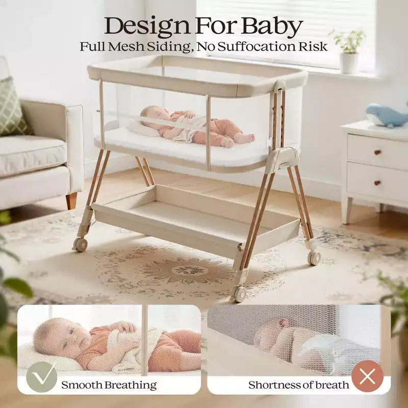 Fodoss Baby Bassinet Bedside Sleeper with Wheels & Storage Tray, Portable Crib for Newborns