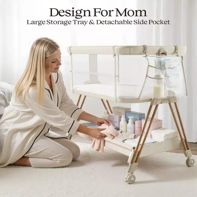 Fodoss Baby Bassinet Bedside Sleeper with Wheels & Storage Tray, Portable Crib for Newborns