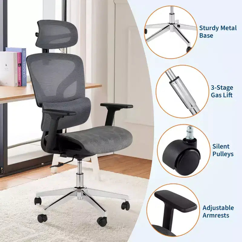 Ergonomic High Back Mesh Office Chair, Dynamic Lumbar Support, Sliding Seat, Headrest, Silent Castersfor Home, Office, Study