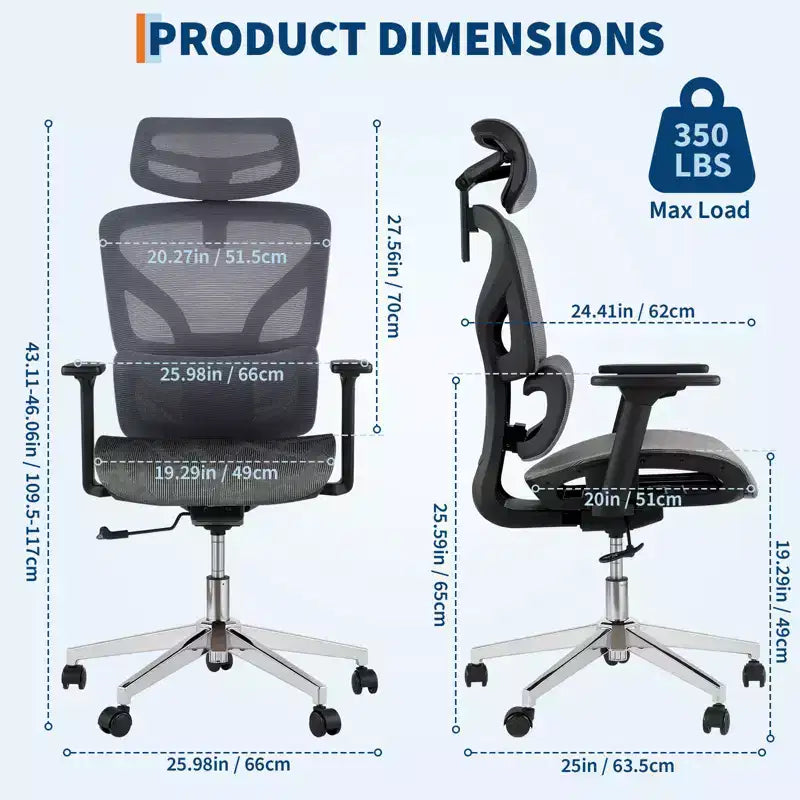 Ergonomic High Back Mesh Office Chair, Dynamic Lumbar Support, Sliding Seat, Headrest, Silent Castersfor Home, Office, Study