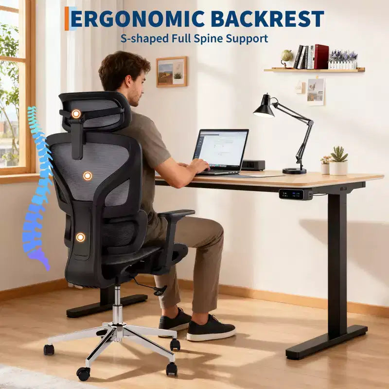 Ergonomic High Back Mesh Office Chair, Dynamic Lumbar Support, Sliding Seat, Headrest, Silent Castersfor Home, Office, Study
