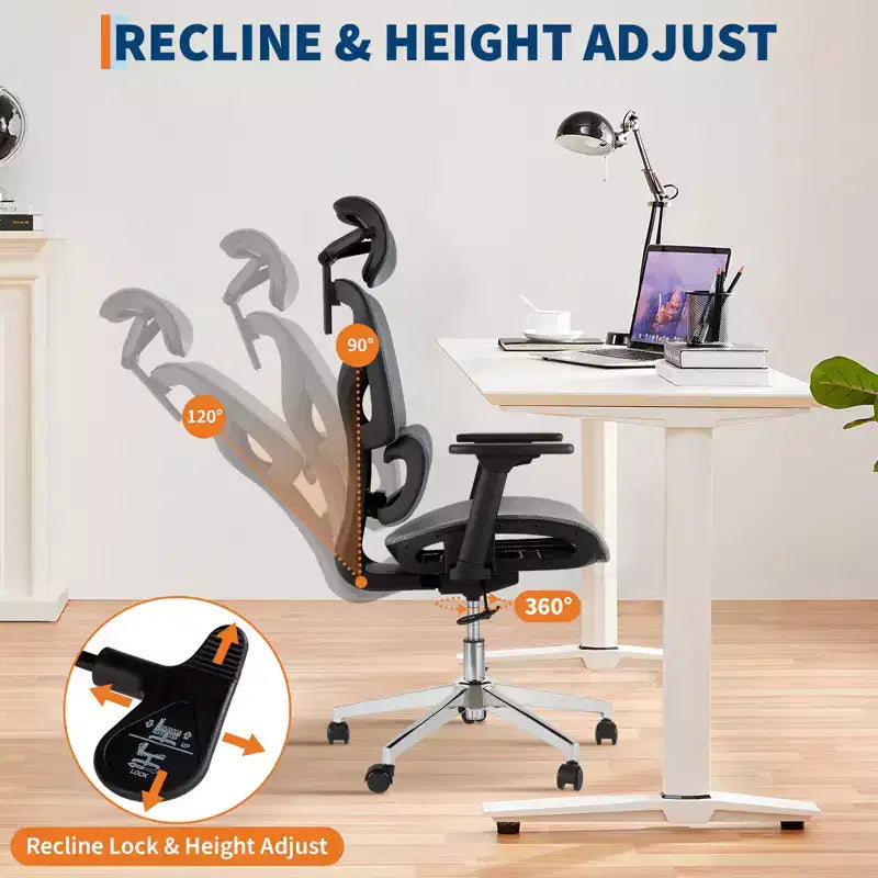 Ergonomic High Back Mesh Office Chair, Dynamic Lumbar Support, Sliding Seat, Headrest, Silent Castersfor Home, Office, Study