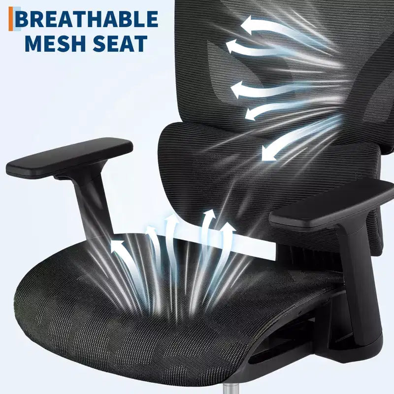 Ergonomic High Back Mesh Office Chair, Dynamic Lumbar Support, Sliding Seat, Headrest, Silent Castersfor Home, Office, Study