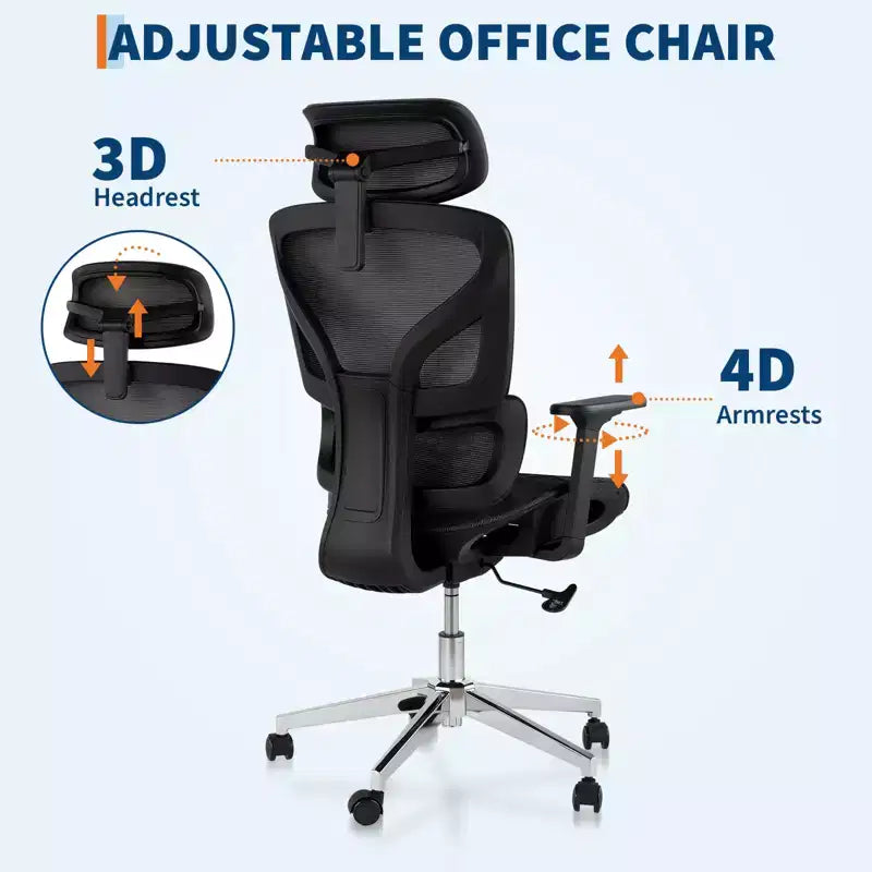 Ergonomic High Back Mesh Office Chair, Dynamic Lumbar Support, Sliding Seat, Headrest, Silent Castersfor Home, Office, Study