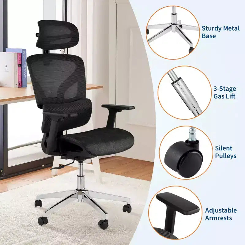 Ergonomic High Back Mesh Office Chair, Dynamic Lumbar Support, Sliding Seat, Headrest, Silent Castersfor Home, Office, Study