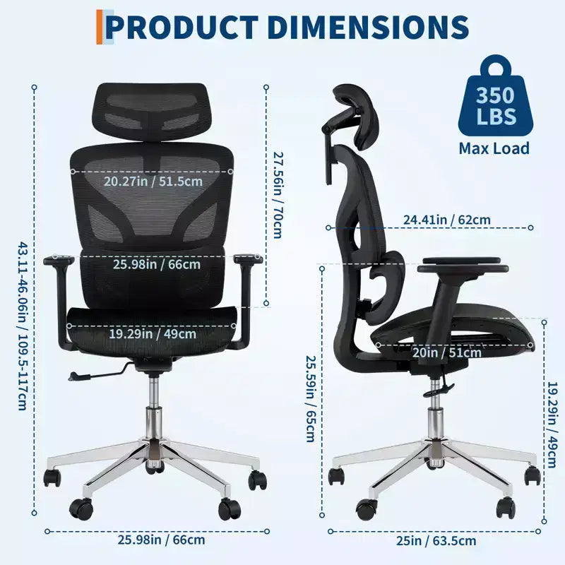 Ergonomic High Back Mesh Office Chair, Dynamic Lumbar Support, Sliding Seat, Headrest, Silent Castersfor Home, Office, Study