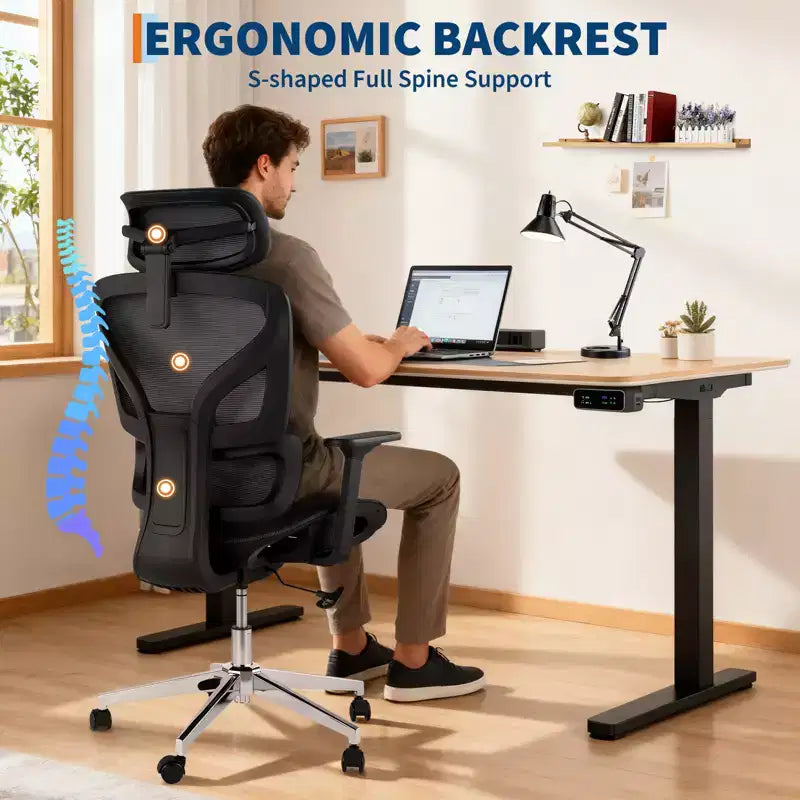 Ergonomic High Back Mesh Office Chair, Dynamic Lumbar Support, Sliding Seat, Headrest, Silent Castersfor Home, Office, Study