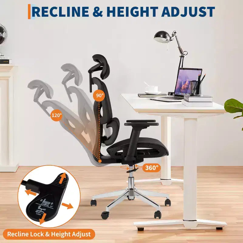 Ergonomic High Back Mesh Office Chair, Dynamic Lumbar Support, Sliding Seat, Headrest, Silent Castersfor Home, Office, Study
