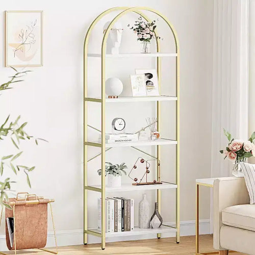 CuisinSmart 5 Tier Bookshelf, 2pcs Arched Bookshelf Display Shelf Rack, Metal+Wood Tall Standing Bookshelves for Home Office, Living Room, Gold-White