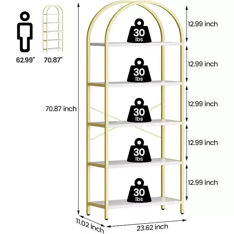 CuisinSmart 5 Tier Bookshelf, 2pcs Arched Bookshelf Display Shelf Rack, Metal+Wood Tall Standing Bookshelves for Home Office, Living Room, Gold-White