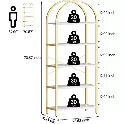 CuisinSmart 5 Tier Bookshelf, 2pcs Arched Bookshelf Display Shelf Rack, Metal+Wood Tall Standing Bookshelves for Home Office, Living Room, Gold-White