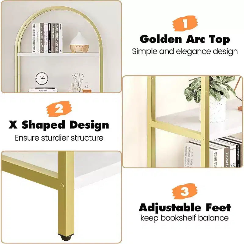 CuisinSmart 5 Tier Bookshelf, 2pcs Arched Bookshelf Display Shelf Rack, Metal+Wood Tall Standing Bookshelves for Home Office, Living Room, Gold-White