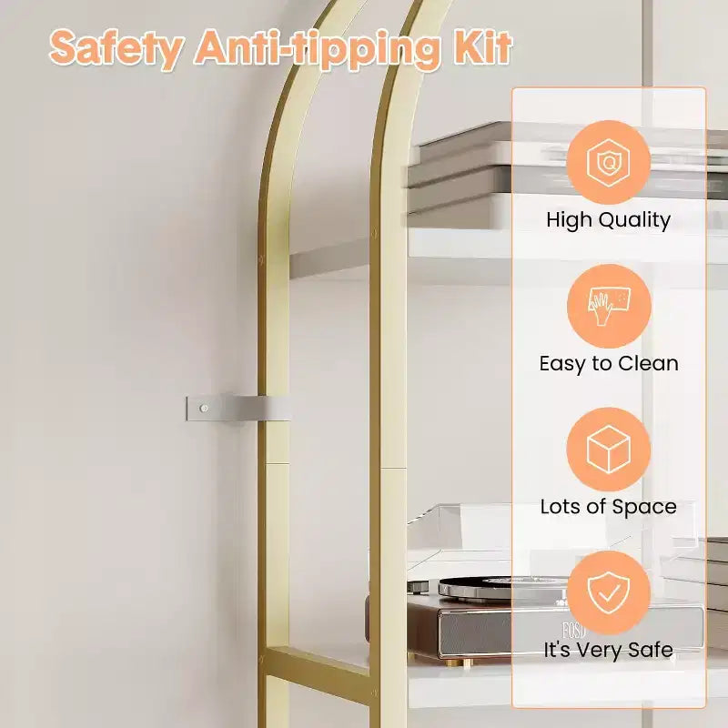 CuisinSmart 5 Tier Bookshelf, 2pcs Arched Bookshelf Display Shelf Rack, Metal+Wood Tall Standing Bookshelves for Home Office, Living Room, Gold-White