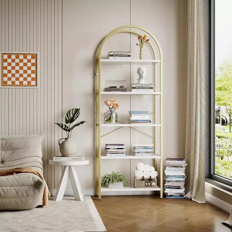 CuisinSmart 5 Tier Bookshelf, 2pcs Arched Bookshelf Display Shelf Rack, Metal+Wood Tall Standing Bookshelves for Home Office, Living Room, Gold-White