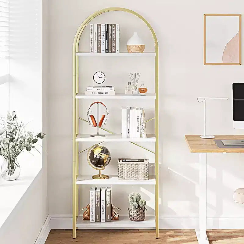 CuisinSmart 5 Tier Bookshelf, 2pcs Arched Bookshelf Display Shelf Rack, Metal+Wood Tall Standing Bookshelves for Home Office, Living Room, Gold-White