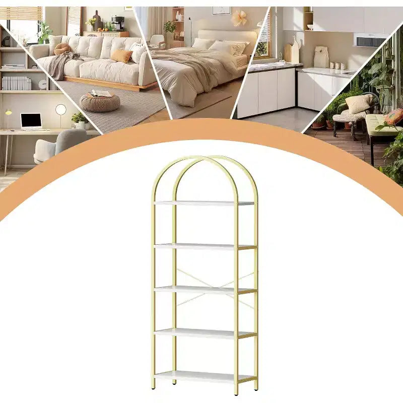 CuisinSmart 5 Tier Bookshelf, 2pcs Arched Bookshelf Display Shelf Rack, Metal+Wood Tall Standing Bookshelves for Home Office, Living Room, Gold-White