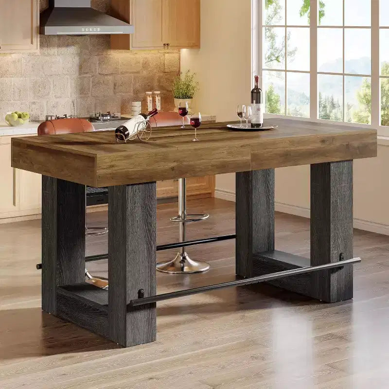 Lantine 63-Inch Counter Height Bar Table, Wooden High Top Pub Table with Metal Footrest for Home Bar, Dining Room, Restaurant, Bistro