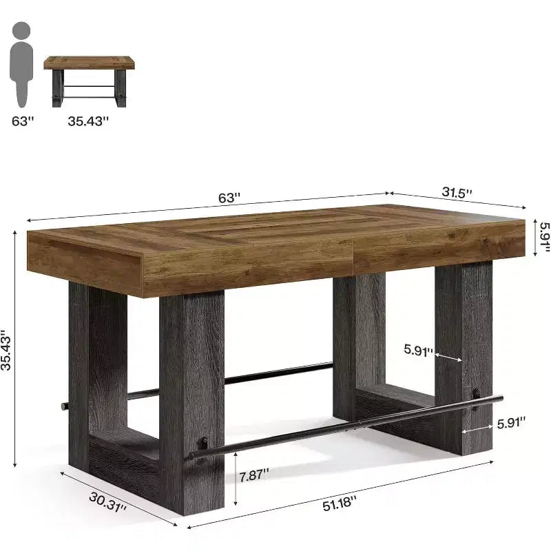 Lantine 63-Inch Counter Height Bar Table, Wooden High Top Pub Table with Metal Footrest for Home Bar, Dining Room, Restaurant, Bistro
