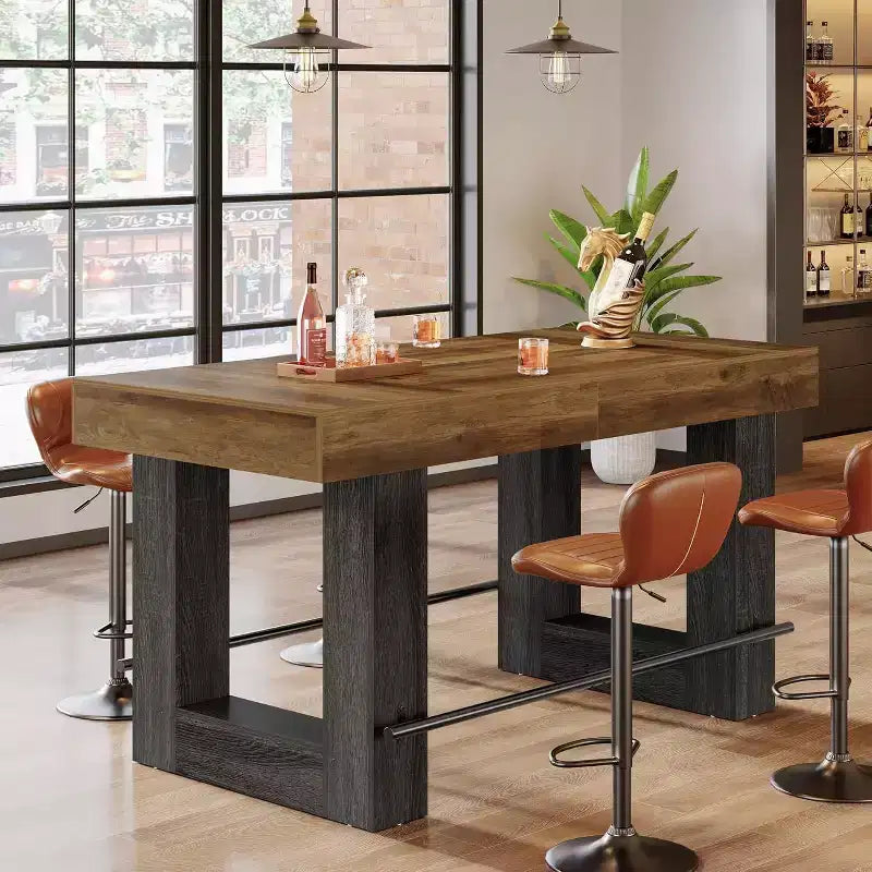Lantine 63-Inch Counter Height Bar Table, Wooden High Top Pub Table with Metal Footrest for Home Bar, Dining Room, Restaurant, Bistro