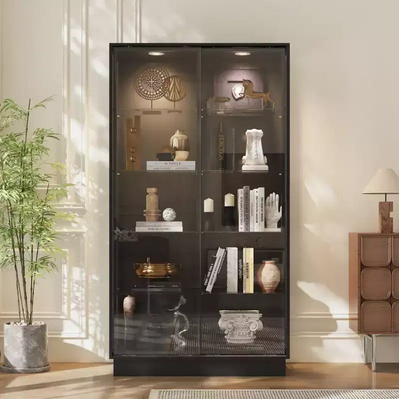 Famapy 72.8Tall Black Glass Display Cabinet Multi-Function Storage for Books, Collectibles & Art, Sliding Doors with LED Spotlighting