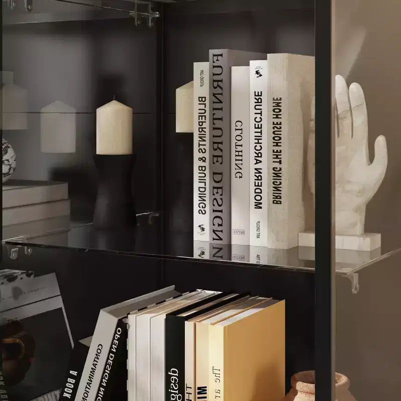 Famapy 72.8Tall Black Glass Display Cabinet Multi-Function Storage for Books, Collectibles & Art, Sliding Doors with LED Spotlighting