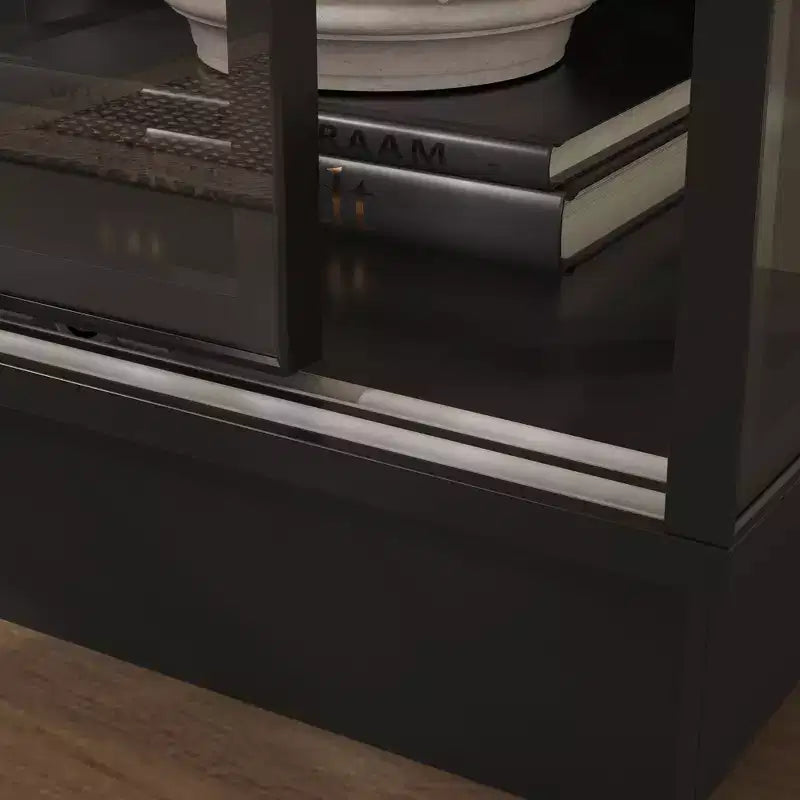 Famapy 72.8Tall Black Glass Display Cabinet Multi-Function Storage for Books, Collectibles & Art, Sliding Doors with LED Spotlighting