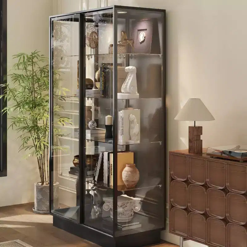 Famapy 72.8Tall Black Glass Display Cabinet Multi-Function Storage for Books, Collectibles & Art, Sliding Doors with LED Spotlighting