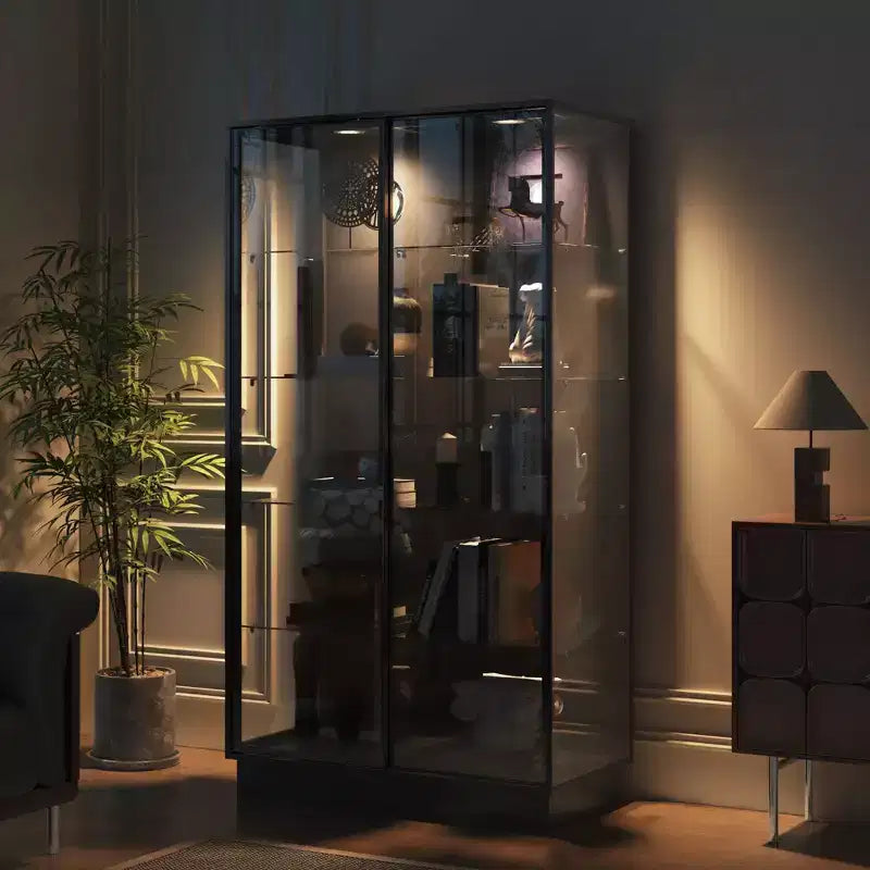 Famapy 72.8Tall Black Glass Display Cabinet Multi-Function Storage for Books, Collectibles & Art, Sliding Doors with LED Spotlighting