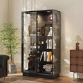 Famapy 72.8Tall Black Glass Display Cabinet Multi-Function Storage for Books, Collectibles & Art, Sliding Doors with LED Spotlighting