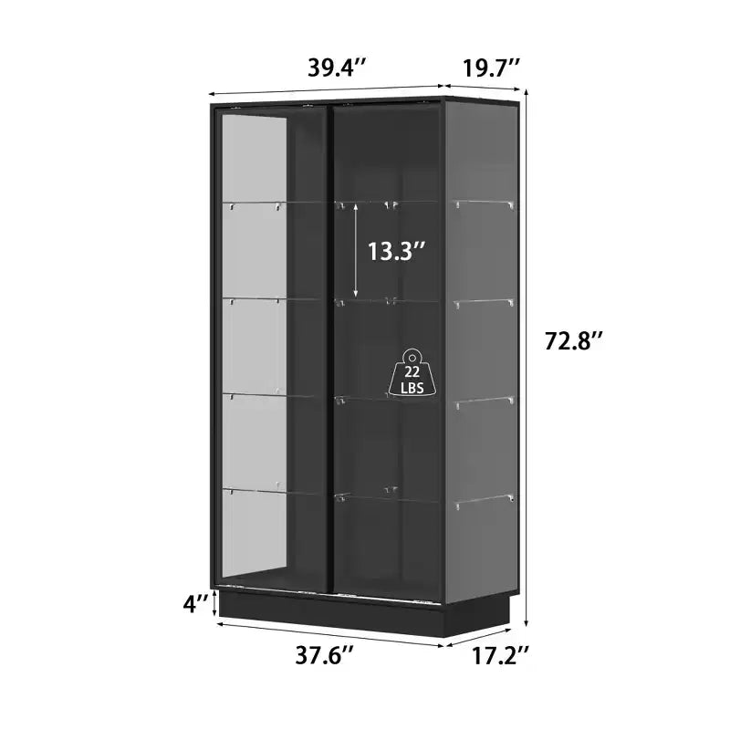 Famapy 72.8Tall Black Glass Display Cabinet Multi-Function Storage for Books, Collectibles & Art, Sliding Doors with LED Spotlighting