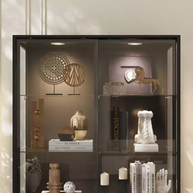 Famapy 72.8Tall Black Glass Display Cabinet Multi-Function Storage for Books, Collectibles & Art, Sliding Doors with LED Spotlighting