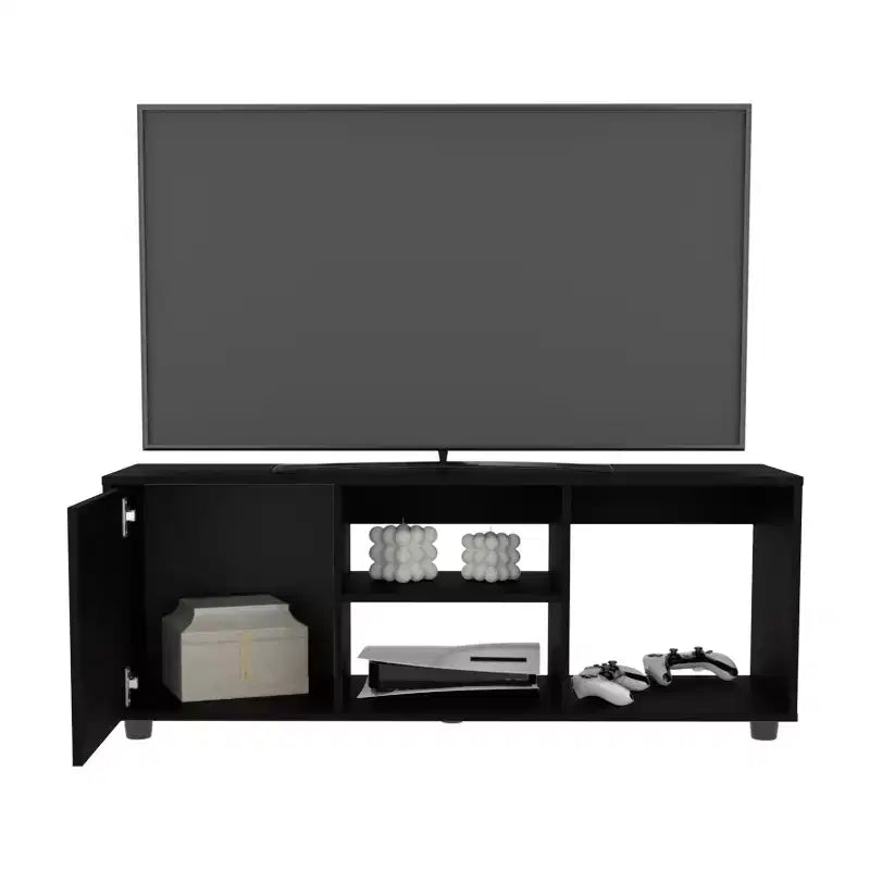 JVNOXK Adel 51 Black TV Stand with Storage Cabinet, 4 Open Shelves and Cable Management for Living Room