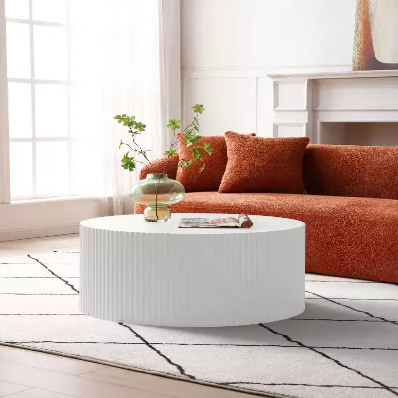 Round Coffee Table Cocktail Table Center Table Sofa Side Table Accent Table End Table with Relief Design, No Assembly Needed - ModernLuxe