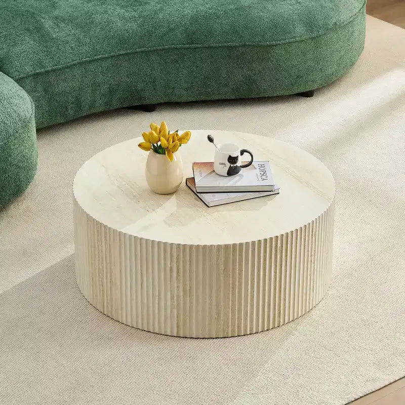 Round Coffee Table Cocktail Table Center Table Sofa Side Table Accent Table End Table with Relief Design, No Assembly Needed - ModernLuxe