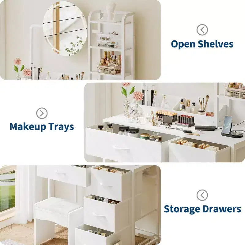 Modern Vanity Desk with Mirror, 4 Fabric Drawers, Storage Shelves, for Bedroom, Living Room
