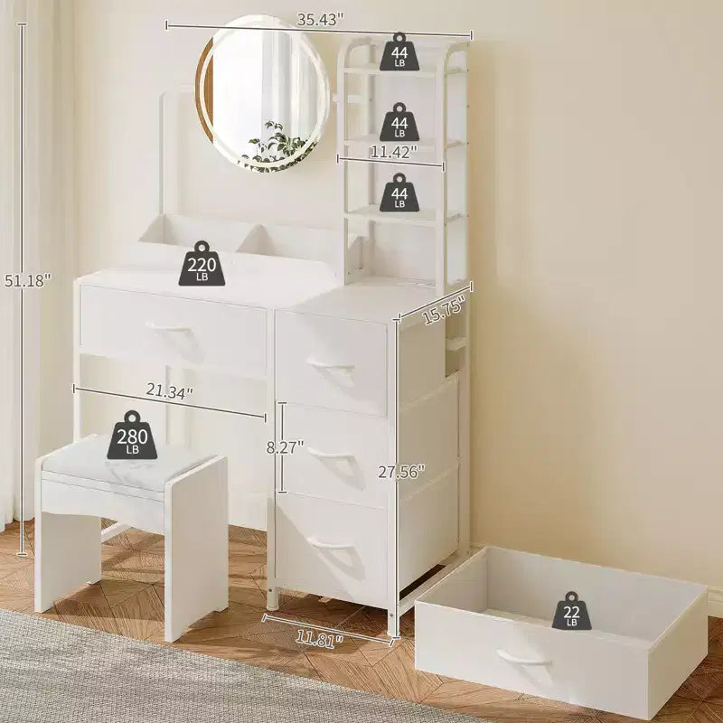 Modern Vanity Desk with Mirror, 4 Fabric Drawers, Storage Shelves, for Bedroom, Living Room