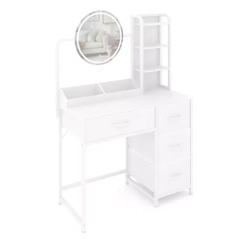 Modern Vanity Desk with Mirror, 4 Fabric Drawers, Storage Shelves, for Bedroom, Living Room
