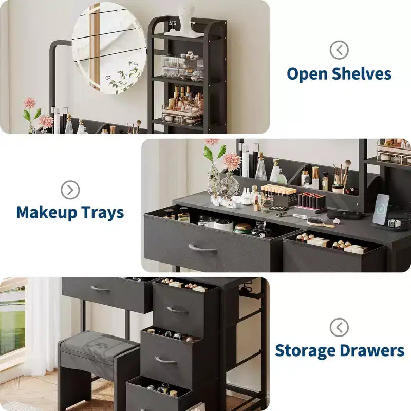 Modern Vanity Desk with Mirror, 4 Fabric Drawers, Storage Shelves, for Bedroom, Living Room
