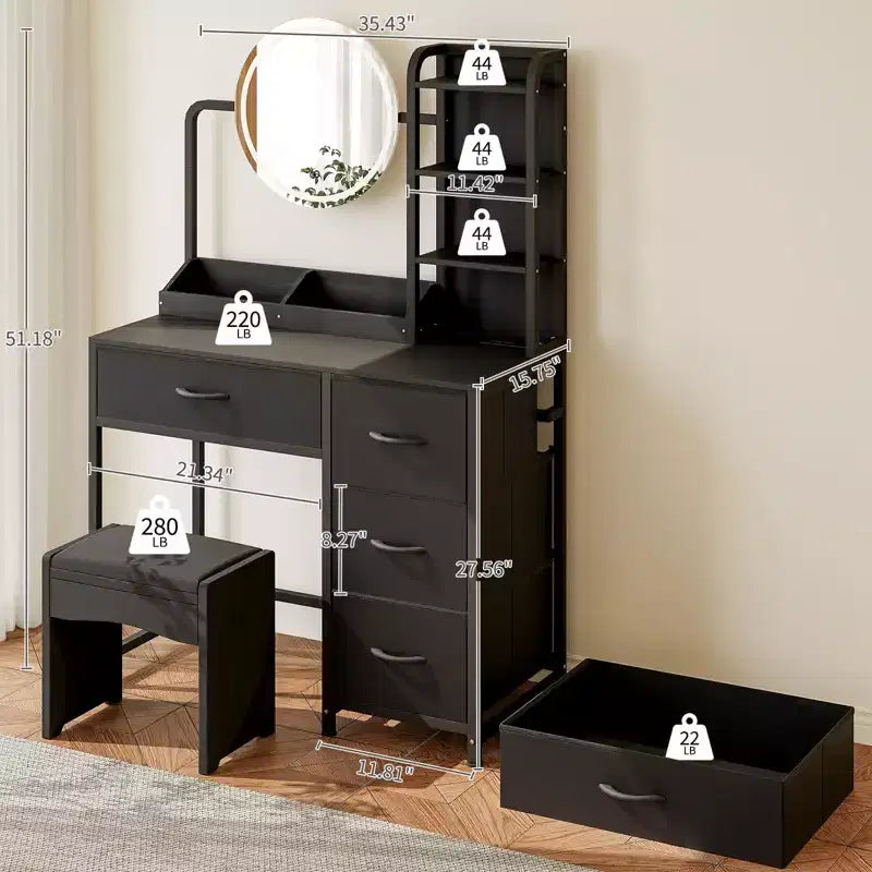 Modern Vanity Desk with Mirror, 4 Fabric Drawers, Storage Shelves, for Bedroom, Living Room