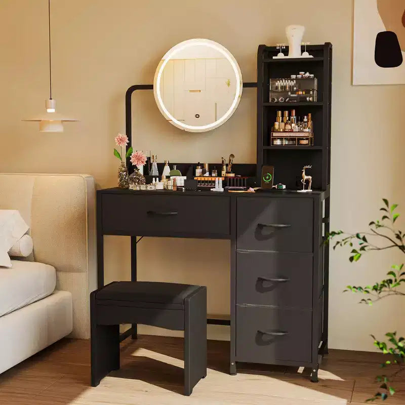 Modern Vanity Desk with Mirror, 4 Fabric Drawers, Storage Shelves, for Bedroom, Living Room