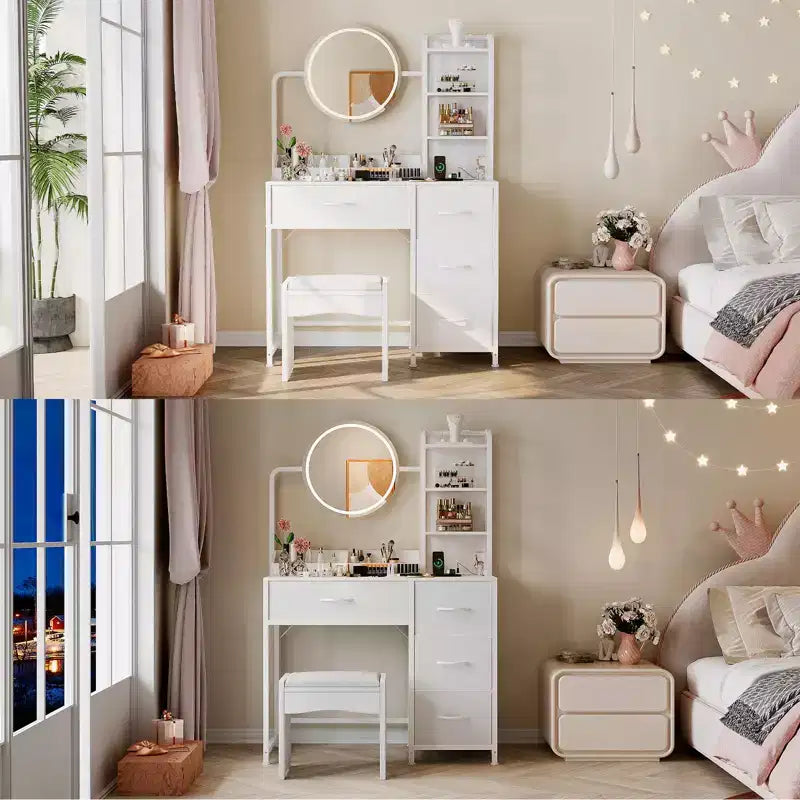 Modern Vanity Desk with Mirror, 4 Fabric Drawers, Storage Shelves, for Bedroom, Living Room