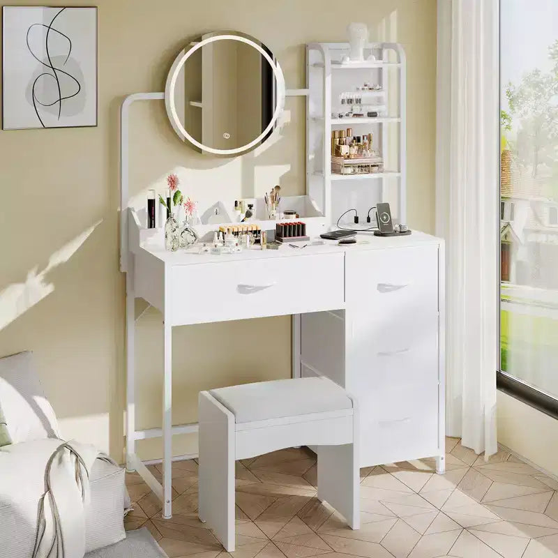 Modern Vanity Desk with Mirror, 4 Fabric Drawers, Storage Shelves, for Bedroom, Living Room