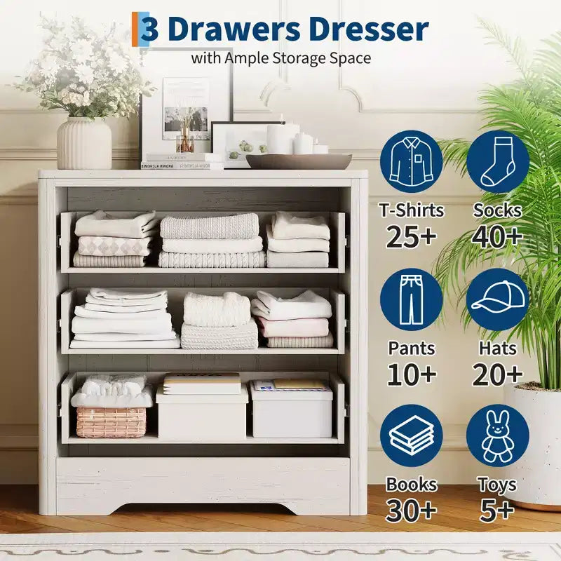 30.4 Bedroom Dresser, Chest of Drawers with 3 Decorative Drawers & Clothes Storage Cabinet, Ideal Drawer Organizer for Bedroom, Closet & Living Room