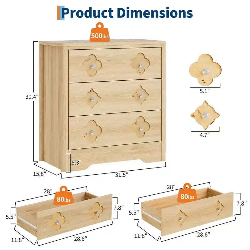 30.4 Bedroom Dresser, Chest of Drawers with 3 Decorative Drawers & Clothes Storage Cabinet, Ideal Drawer Organizer for Bedroom, Closet & Living Room