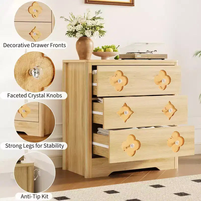 30.4 Bedroom Dresser, Chest of Drawers with 3 Decorative Drawers & Clothes Storage Cabinet, Ideal Drawer Organizer for Bedroom, Closet & Living Room