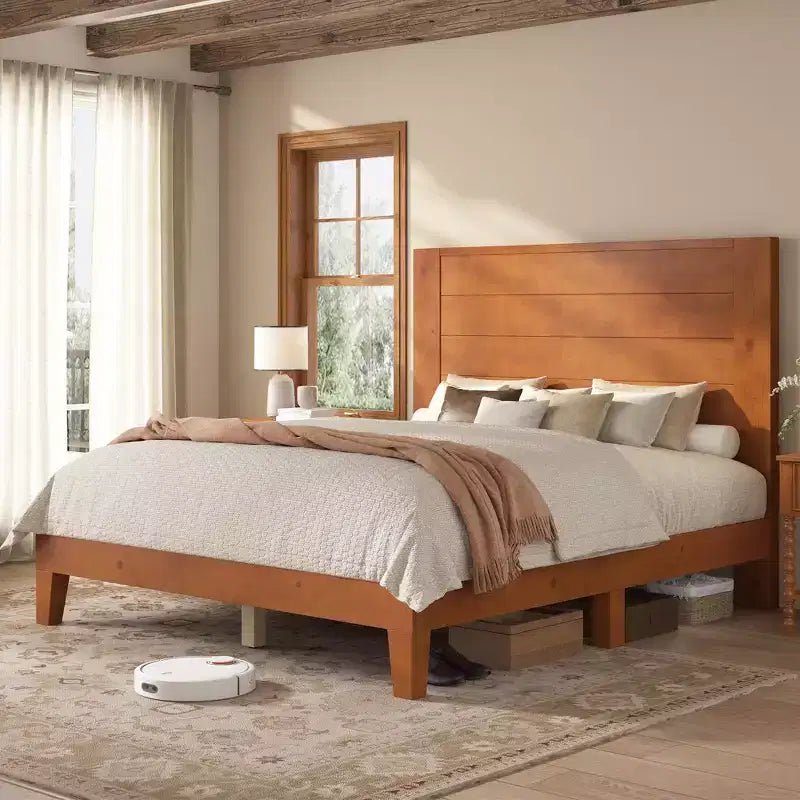 AMERLIFE Solid Pine Wood Platform Bed Frame with 47.2 Headboard, Wood Slats